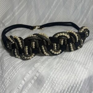 Vintage Braided Rope Belt Black Pearl Gold Accents Statement Hook Stretch